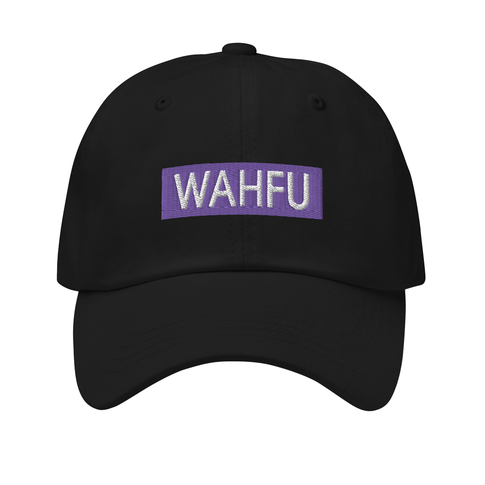 black wahfu dad cap with purple and white patch