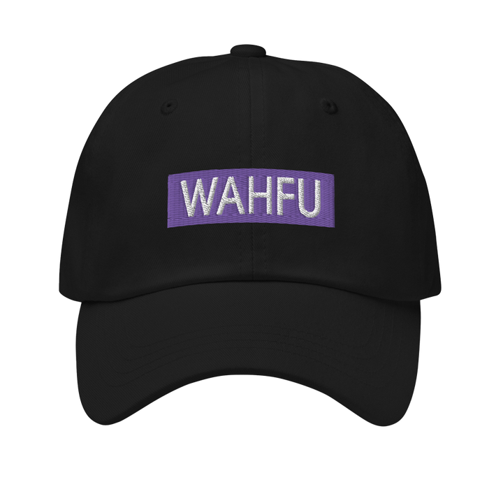 black wahfu dad cap with purple and white patch