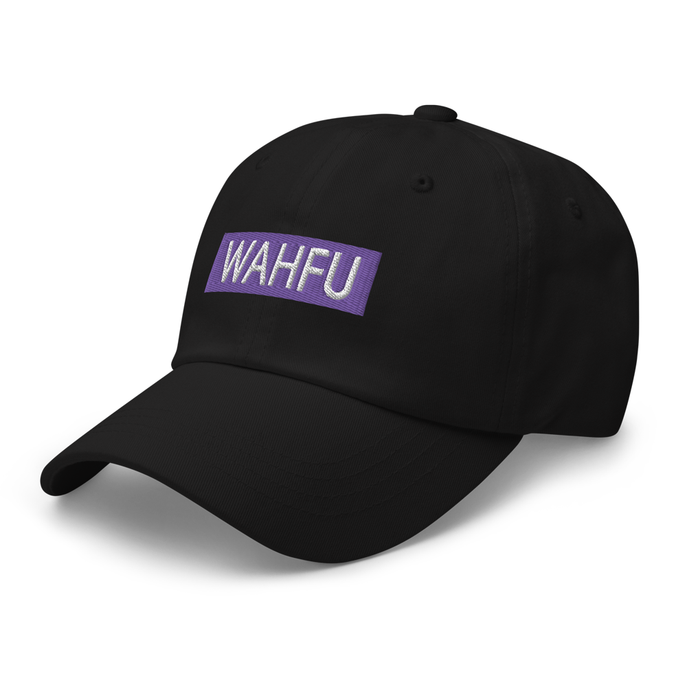 black wahfu dad cap with purple and white patch