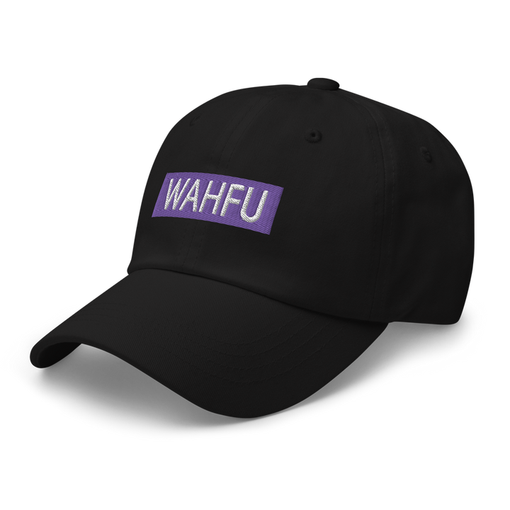 black wahfu dad cap with purple and white patch