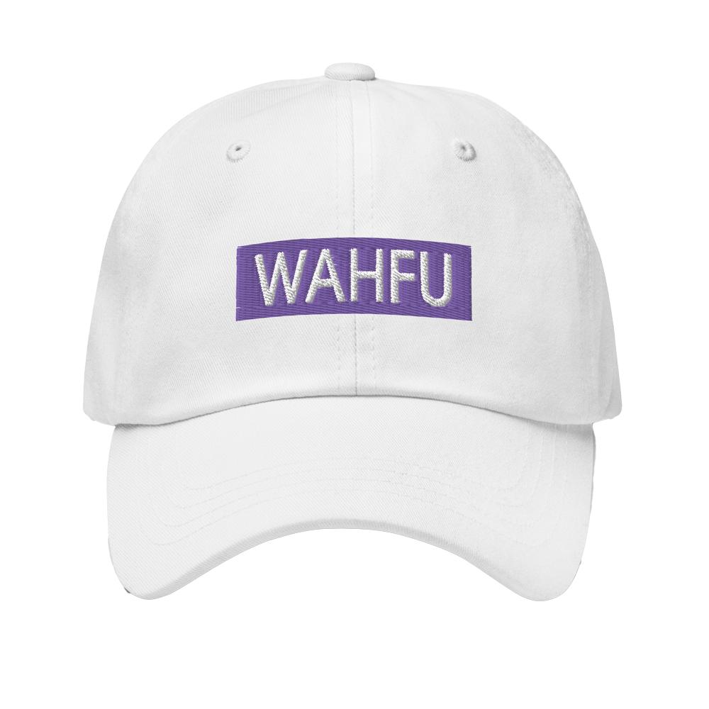 white wahfu dad cap with purple and white patch