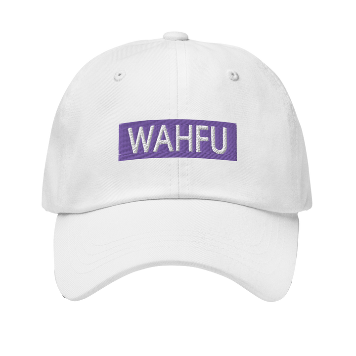 white wahfu dad cap with purple and white patch