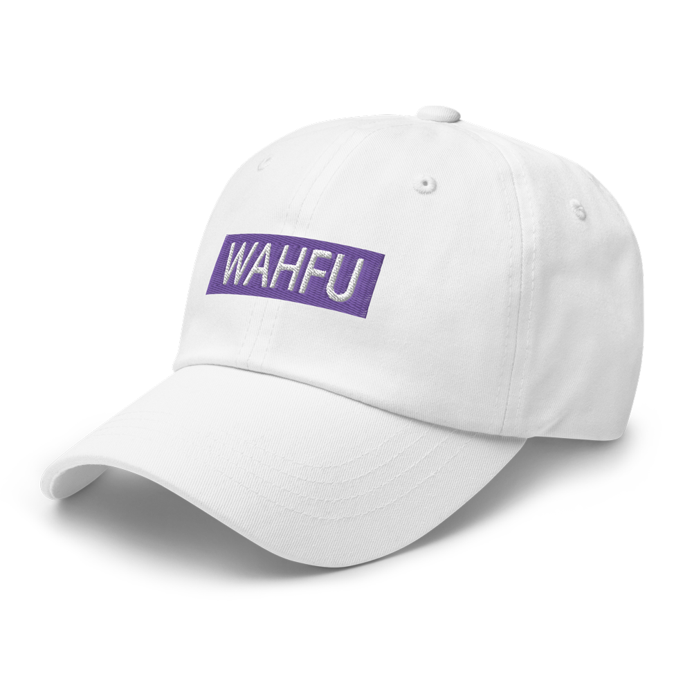 white wahfu dad cap with purple and white patch