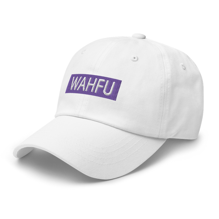 white wahfu dad cap with purple and white patch